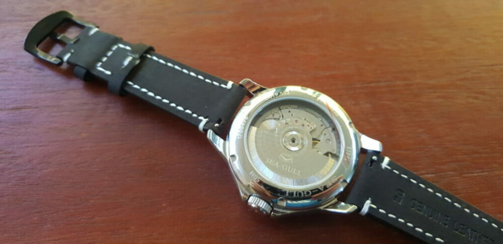 Mapleton black leather strap on seagull watch