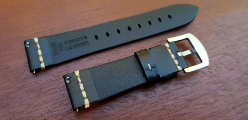 rear of flaxton black leather watch strap showing quick rlease