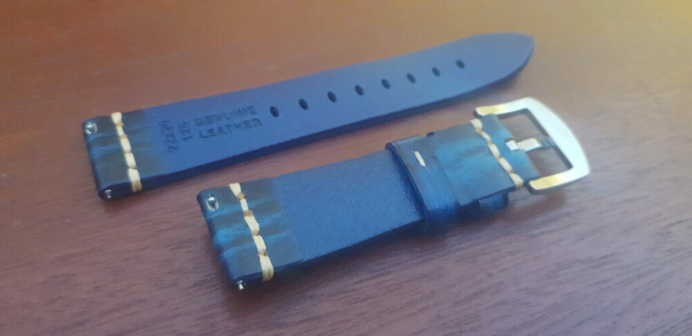 rear of flaxton blue leather watch strap showing quick release