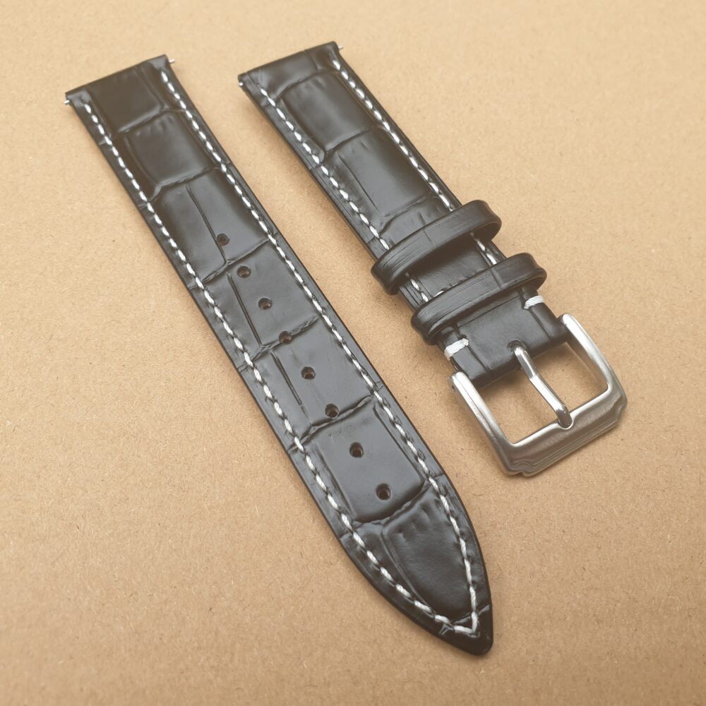 Alligator pattern watch strap Black with White Stitching
