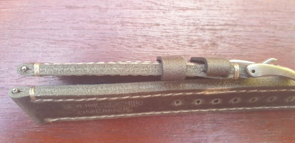 side view of raw leather watch strap