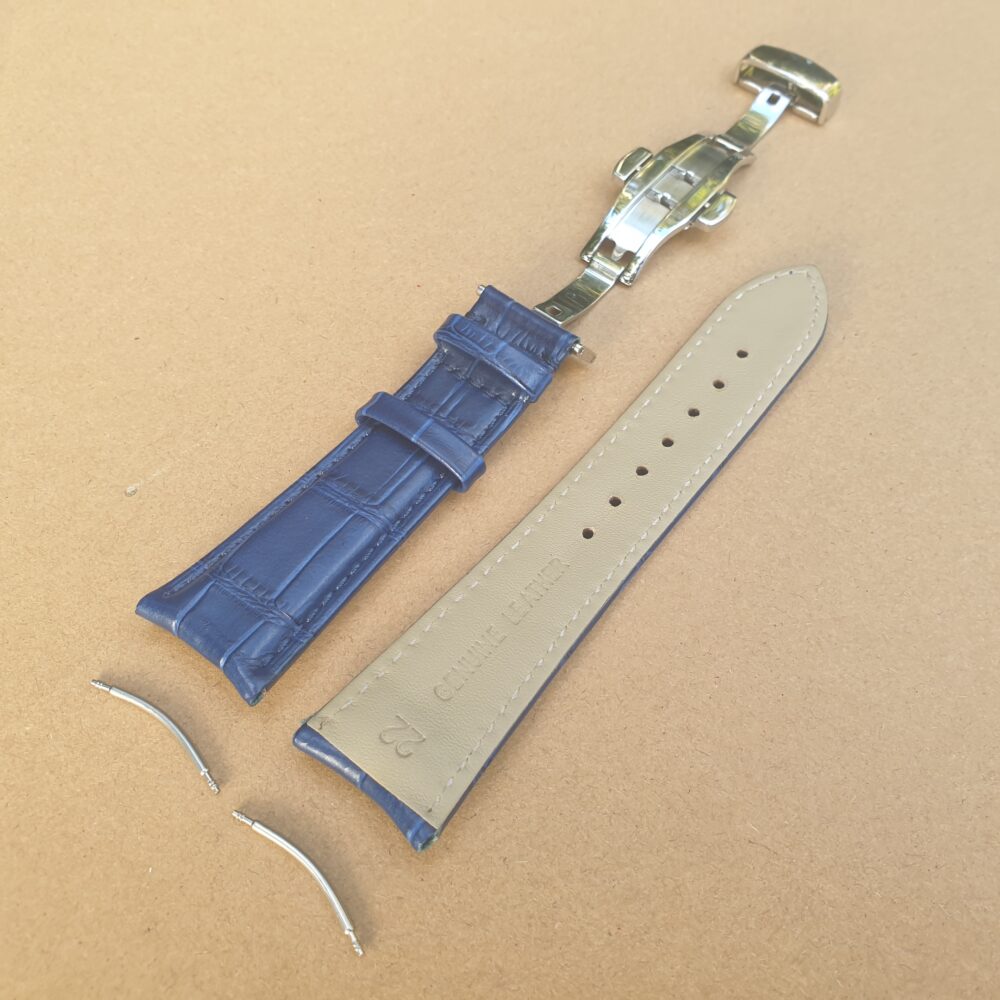 curved lug black Alligator pattern leather watch strap with deployant clasp