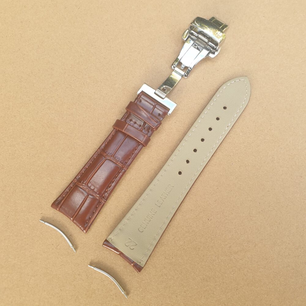 curved lug black Alligator pattern leather watch strap with deployant clasp