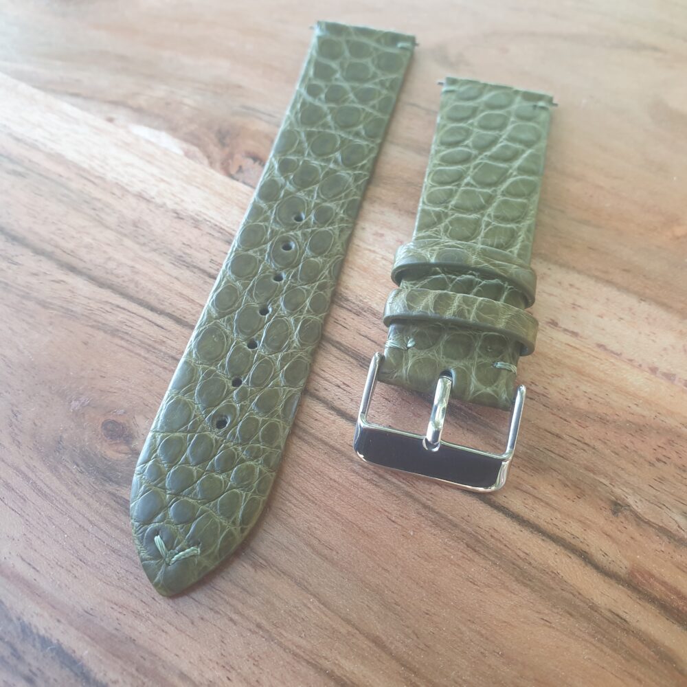Alligator Leather Watch Strap Thin Green with silver buckle