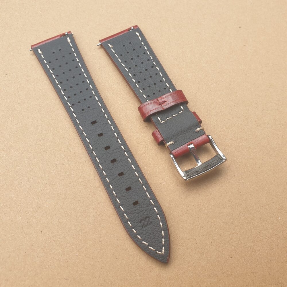 underside of leather watch strap showing vents designed for comfort