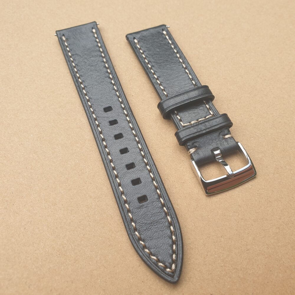 black top grain leather watch band with white stitching