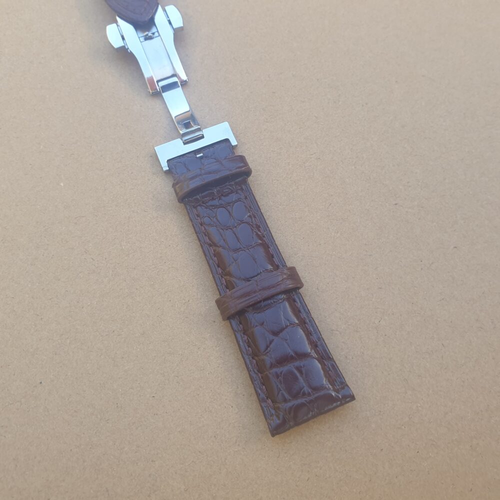 Alligator Brown watch strap Clasp Fitted showing buckle prong slot