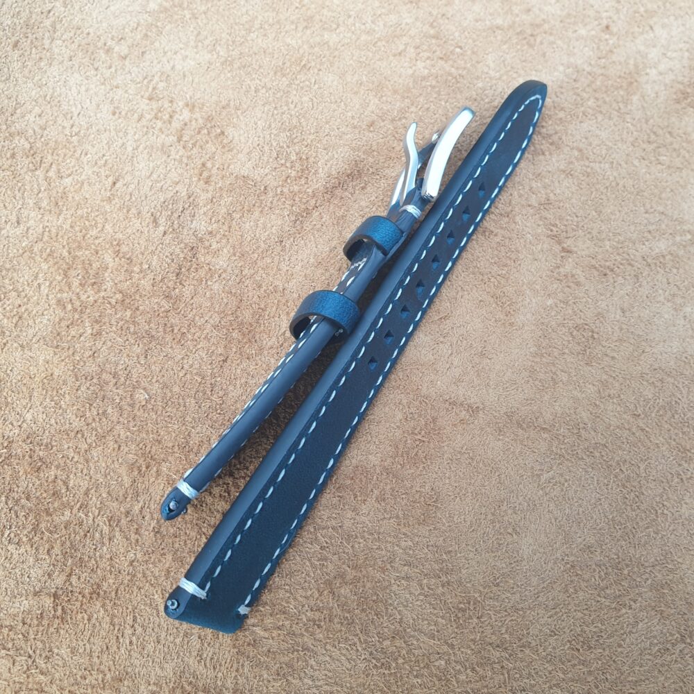 mapleton blue leather watch strap with quick release side on view