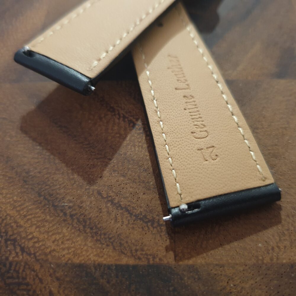 dress watch style Leather watch Strap underside showing quick release spring bars