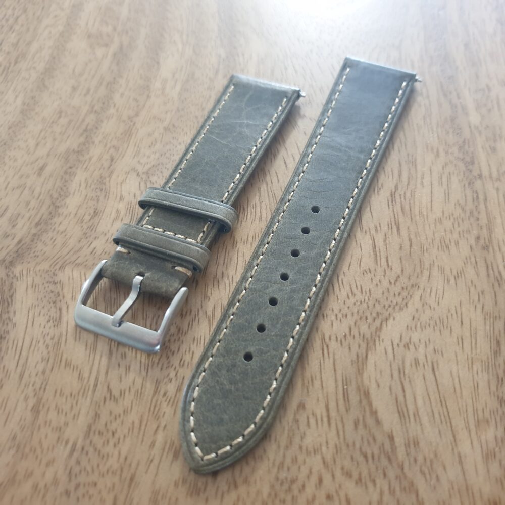 Pialba Vintage Green Leather watch strap with off white edge stitching