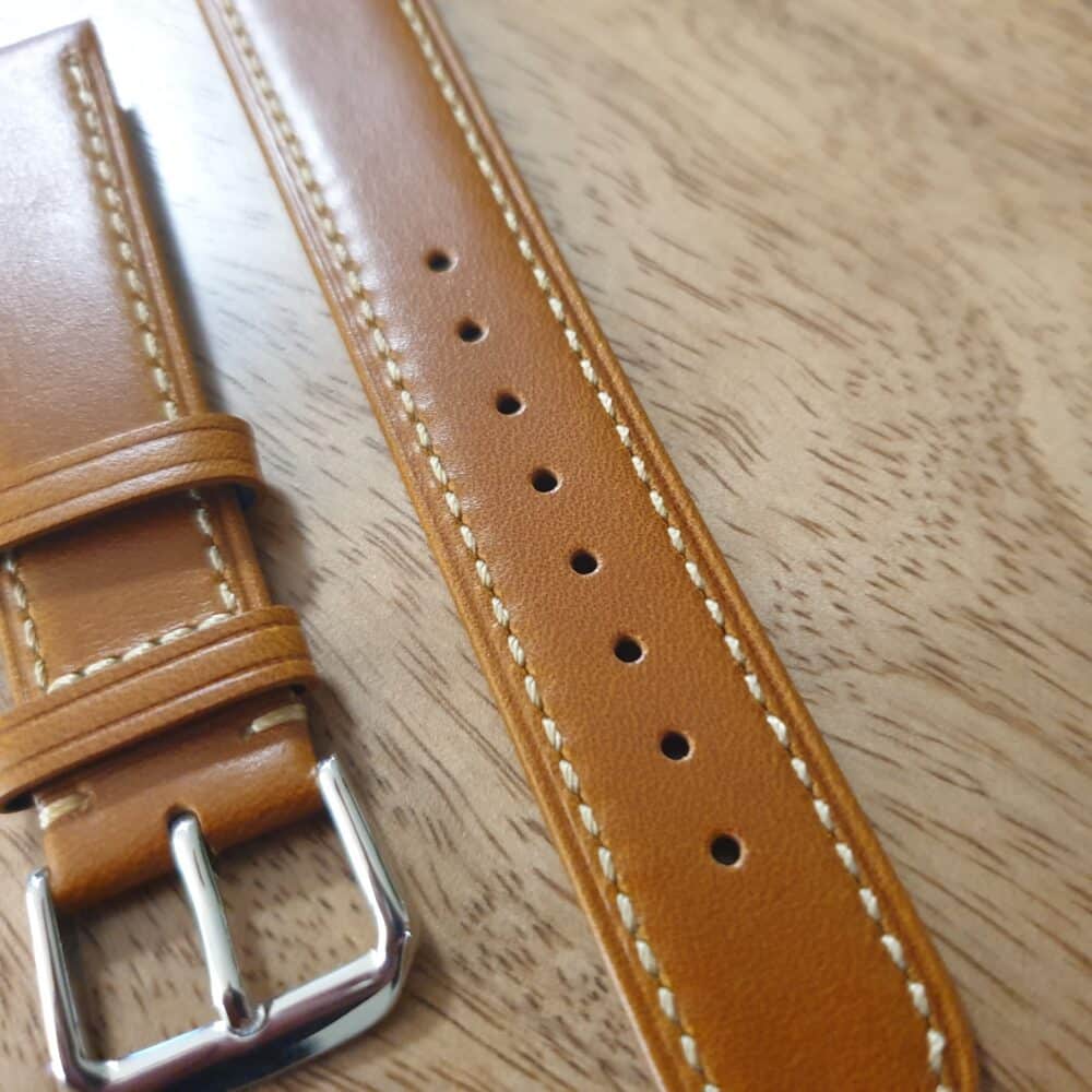 Eudlo Leather Watch Strap Tan with White Edge Stitching closeup of leather and stitching