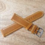 Eudlo Leather Watch Strap Tan with White Edge Stitching placed on top of each other in a cross