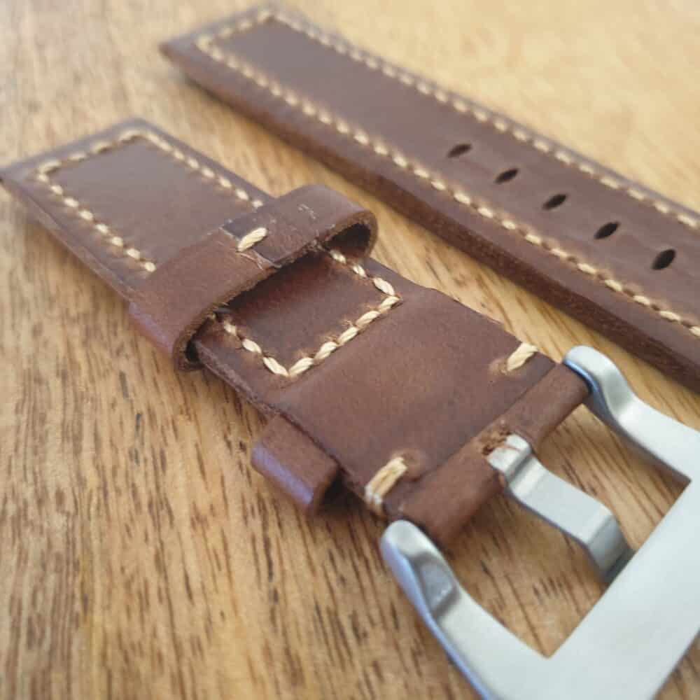 Handmade leather watch strap underside