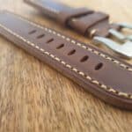 handmade leather watch strap with square edge stitching at lug