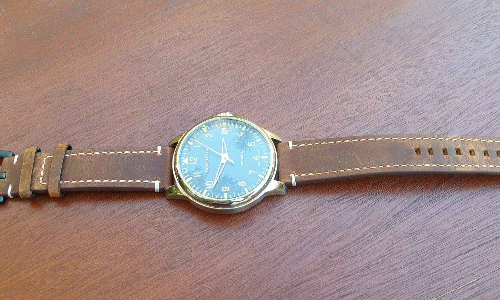 mapleton brown leather watch strap on seagull big pilot 44mm