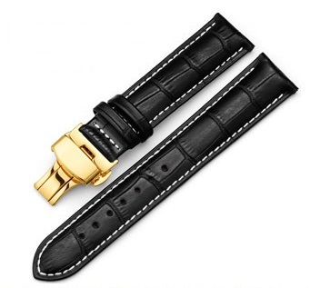 maleny black leather strap with white stitching and gold clasp