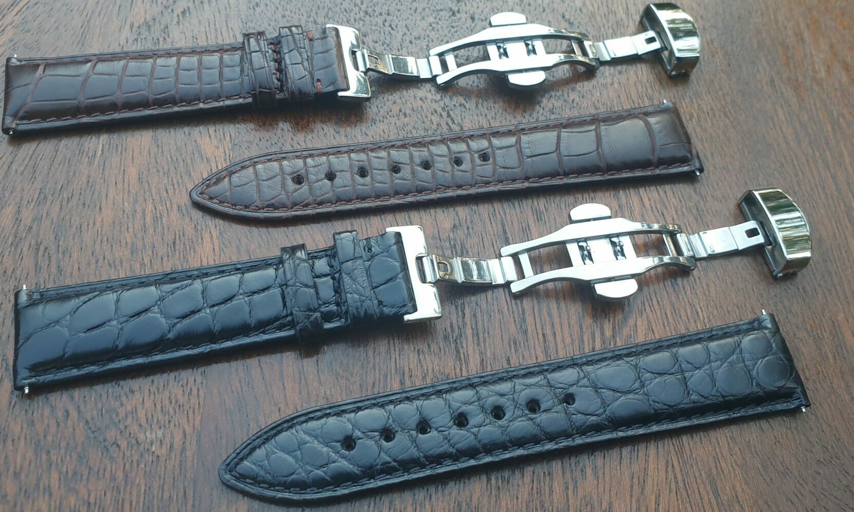 alligator leather watch strap real skin brown and black with deployant clasp