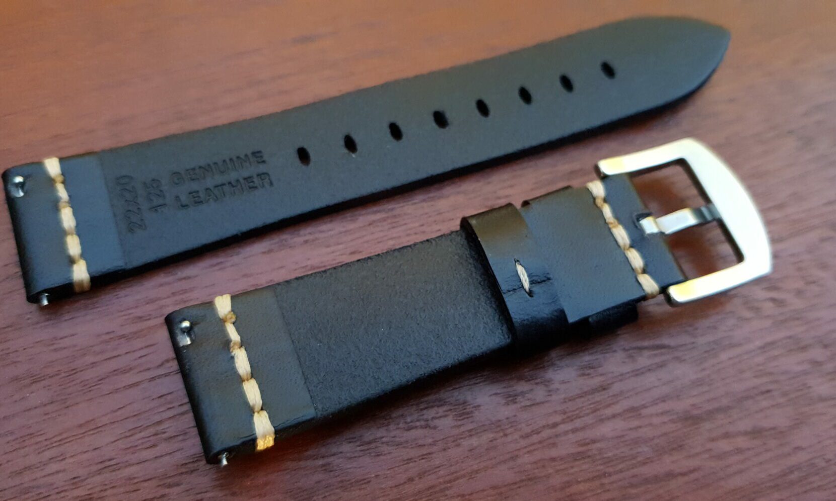 rear of flaxton black leather watch strap showing quick rlease