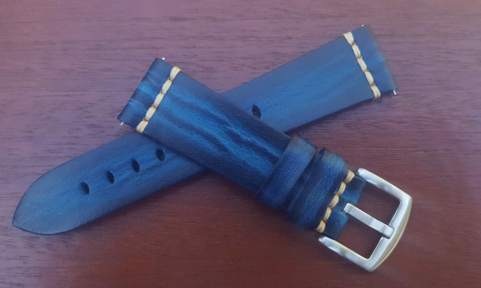 blue leather wrapped Italian calf watch strap