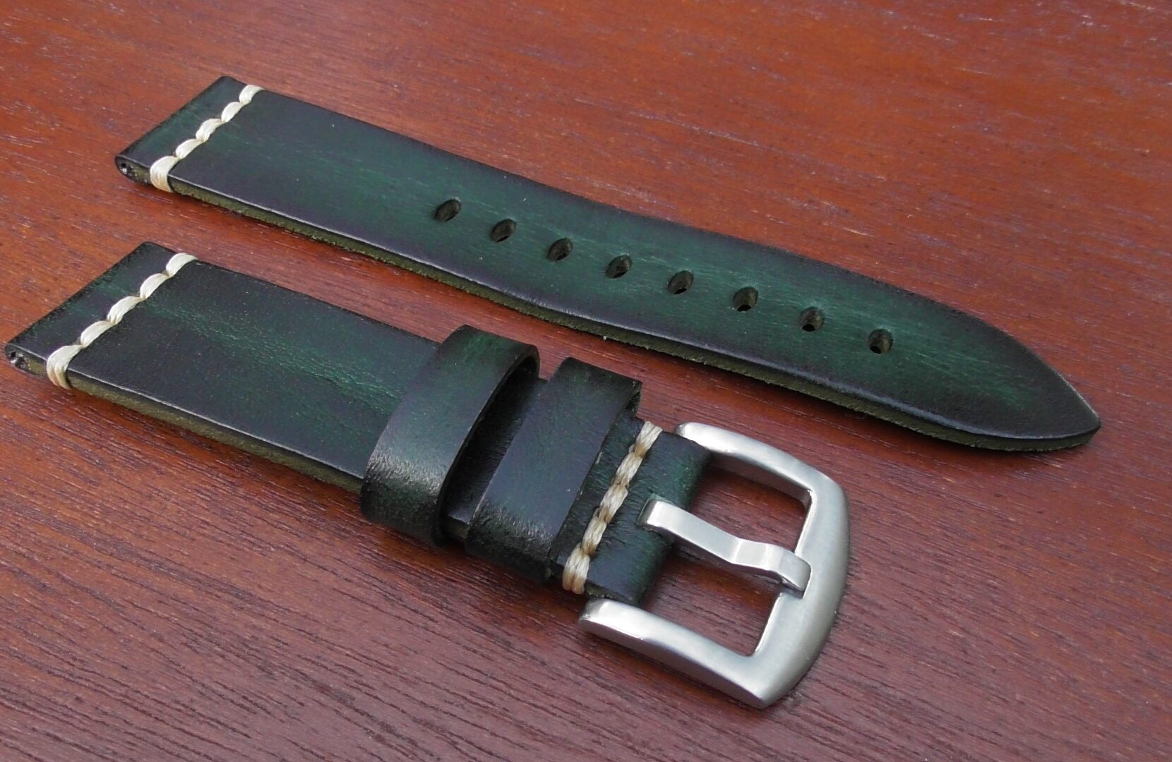 green leather watch strap silver buckle