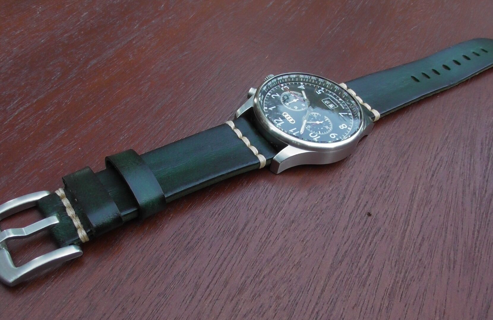 flaxton green leather watch strap with Audi watch