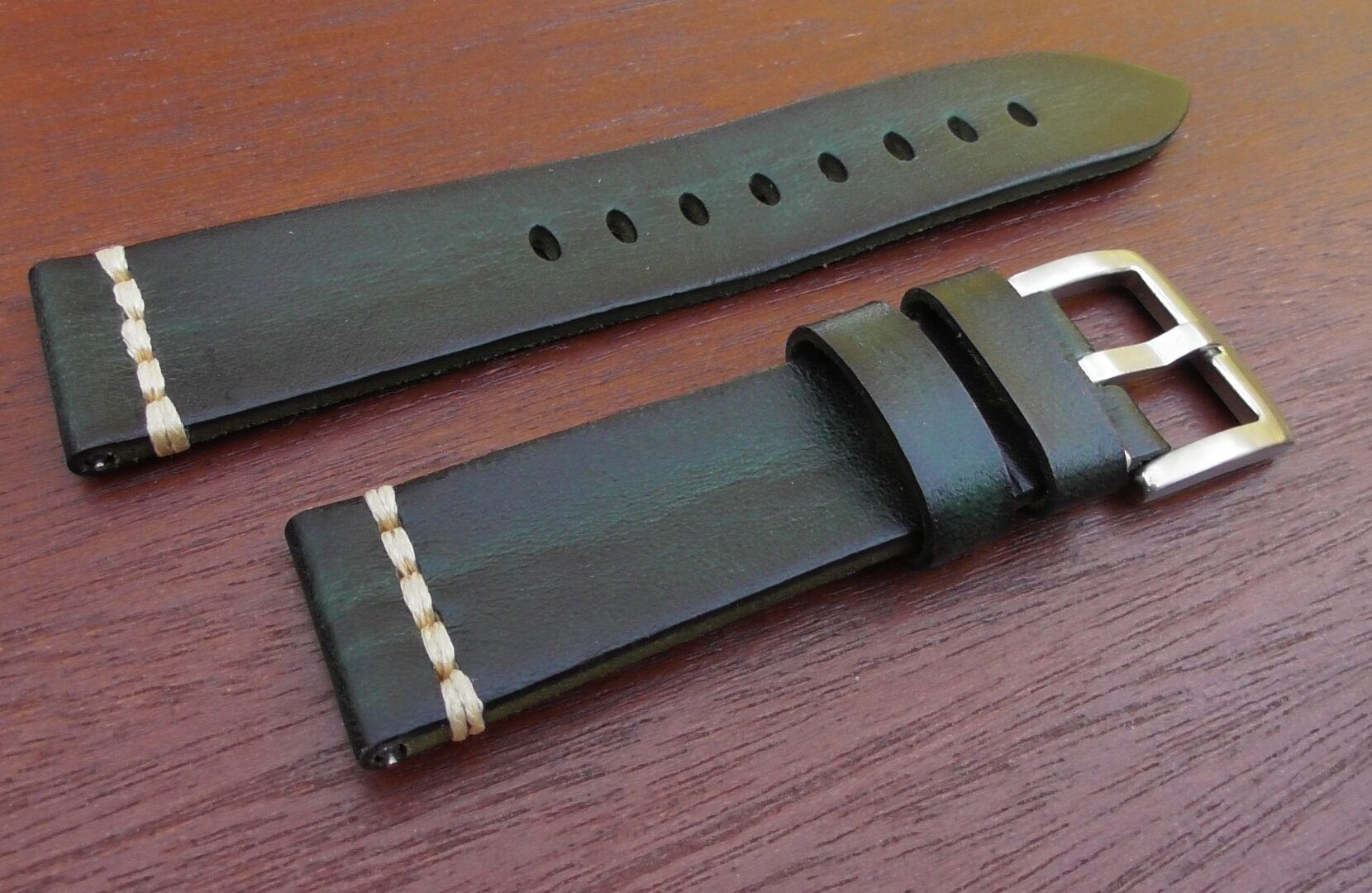 Two tone green and black leather watch strap vintage style