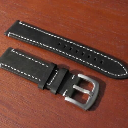 mapleton black leather strap white stitching silver buckle