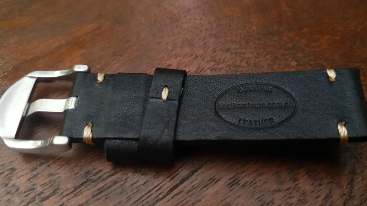 ninderry leather watch strap showing genuine leather stamp