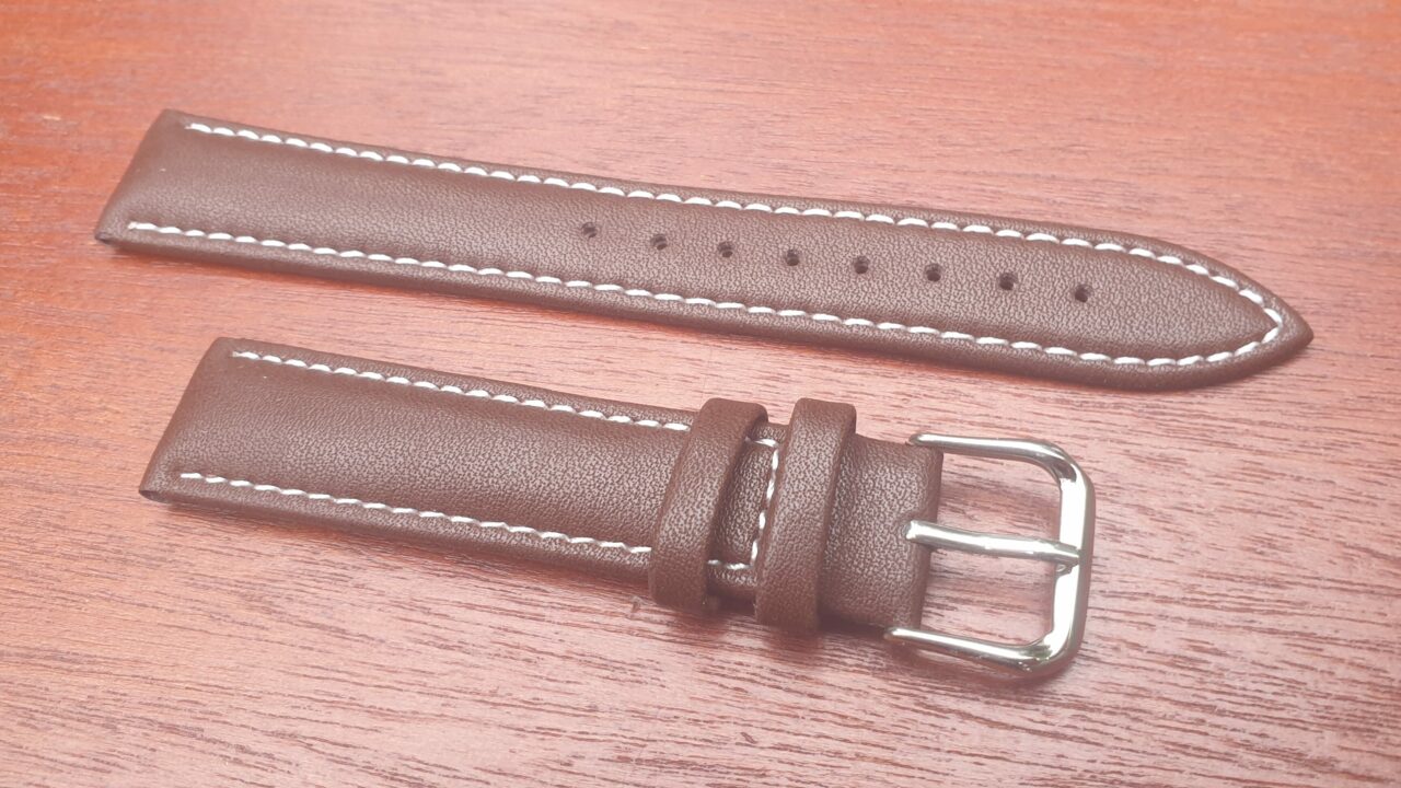 warana brown leather strap with white stitching