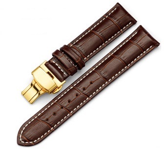 brown leather watch strap white stitching and gold clasp