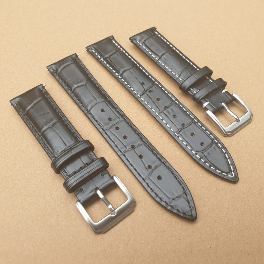 alligator pattern black leather watch strap with white stitching option