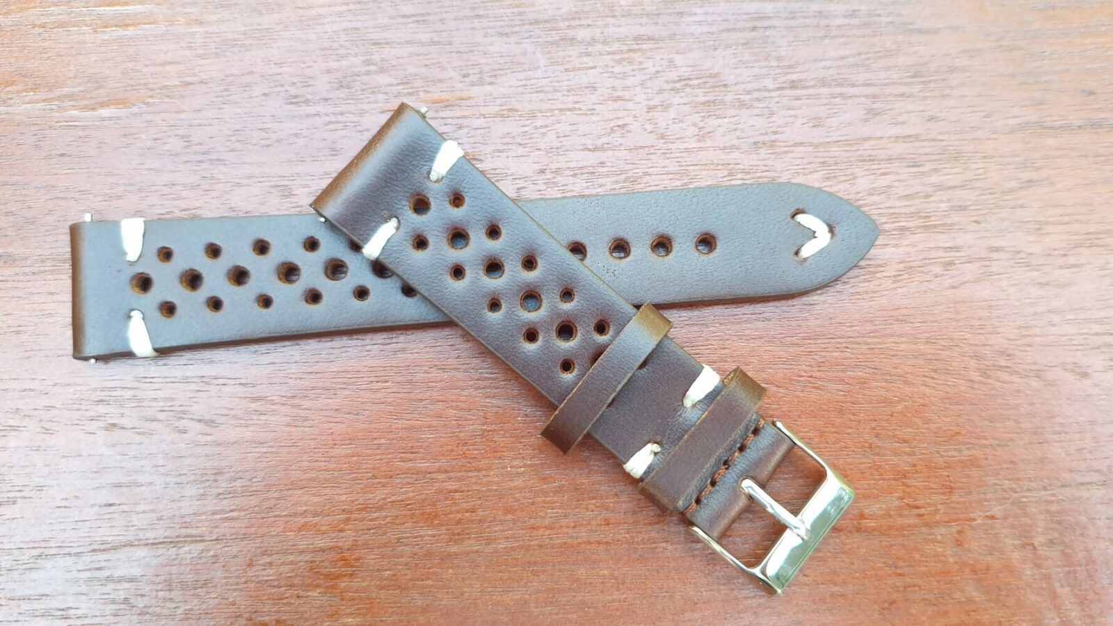 perforated leather rally watch band brown