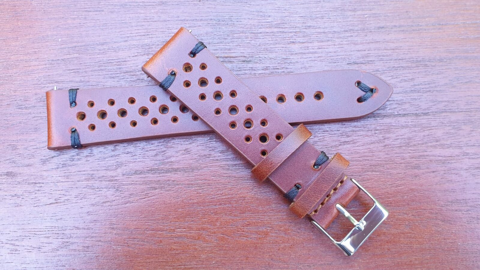 Perforated Tan Red Leather Watch Strap