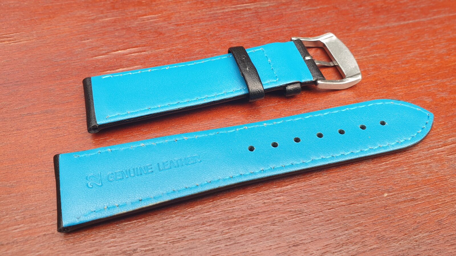 rear of blue leather rally watch strap