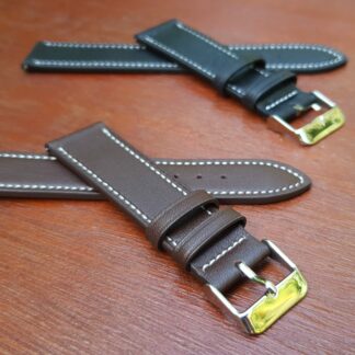 soft calf leather watch straps in brown and black with white stitching and quick release spring bars