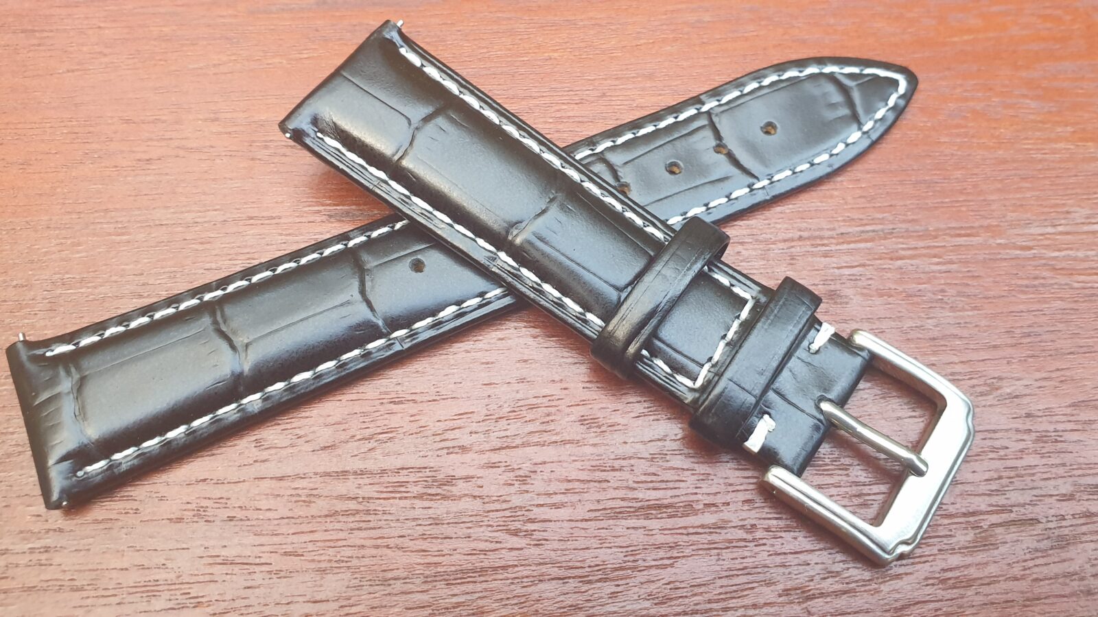 Coolum black leather watch band with White Stitching