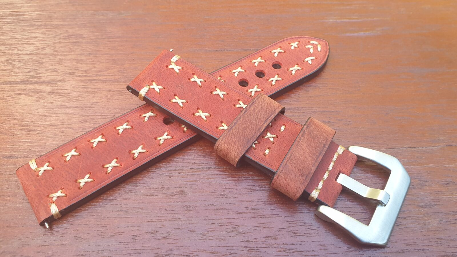 Winton Red cross stitched handmade leather watch band