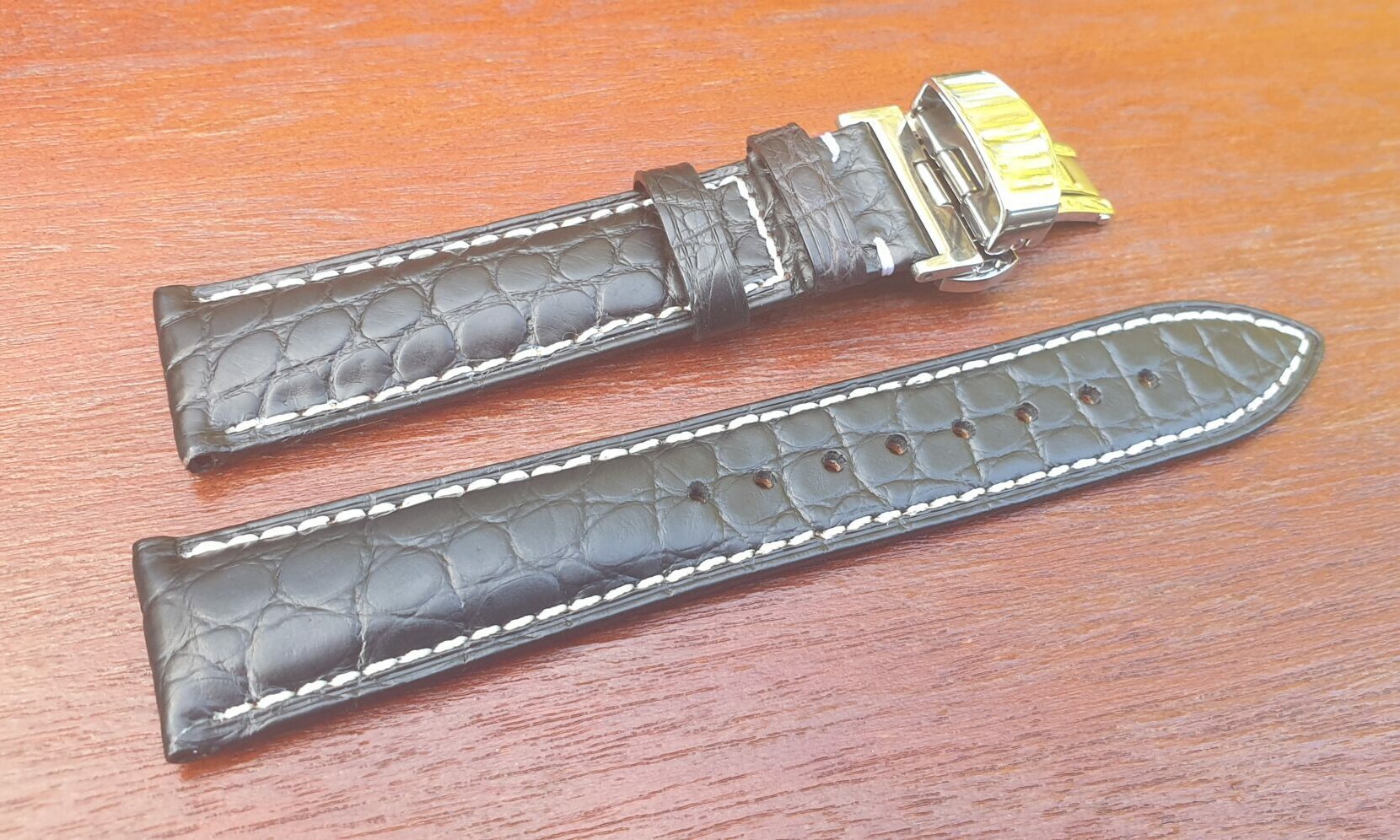 Genuine Alligator Black Leather Strap with White Waxed Stitching
