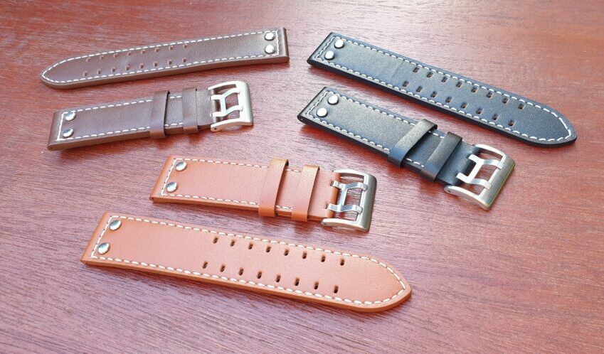 pilot rivet leather watch straps in brown black and tan