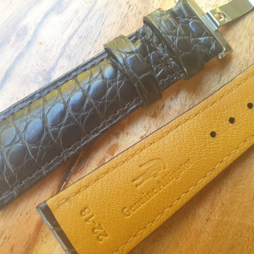 Genuine Alligator Skin Leather Black Watch Strap Silver Deployant Clasp