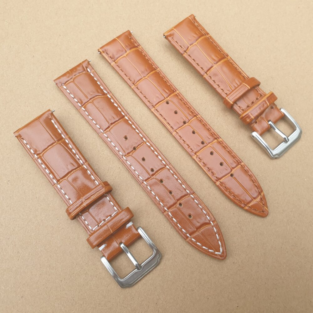 Coolum Tan leather watch strap shows plain and white stitching