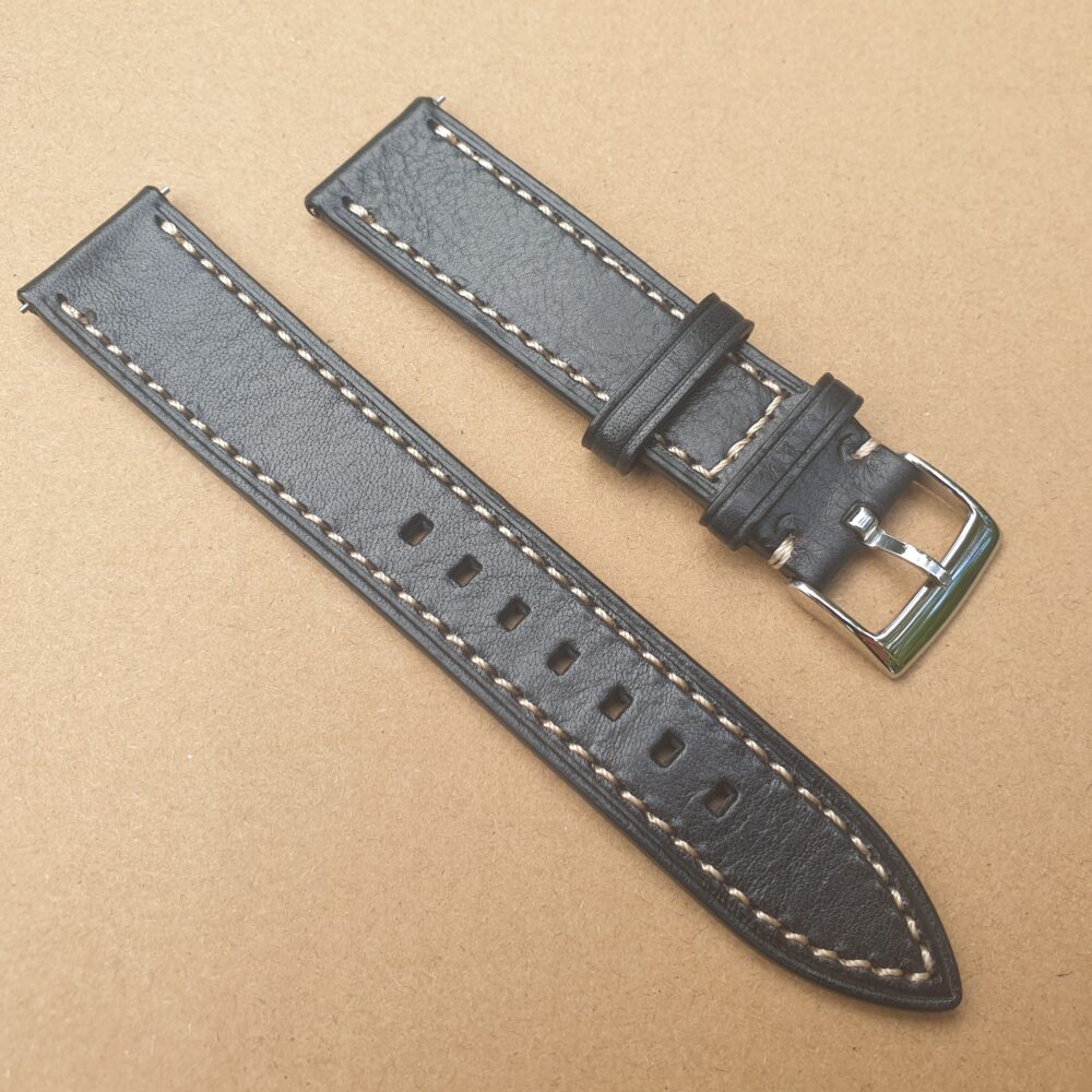 black top grain leather watch strap with white stitching
