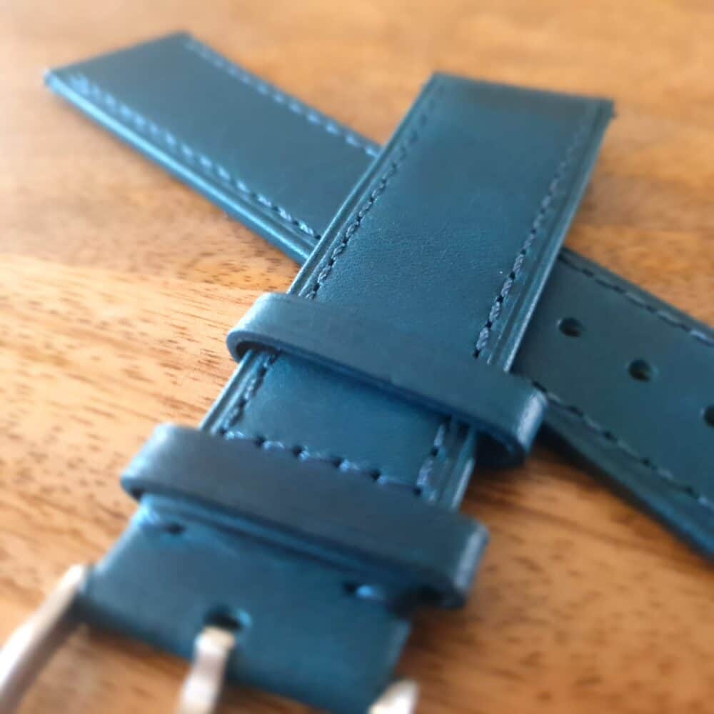 Pialba Blue Leather OF A WATCH STRAP CLOSEUP SHOWING STITCHING