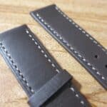 close up of leather watch strap edge stitching