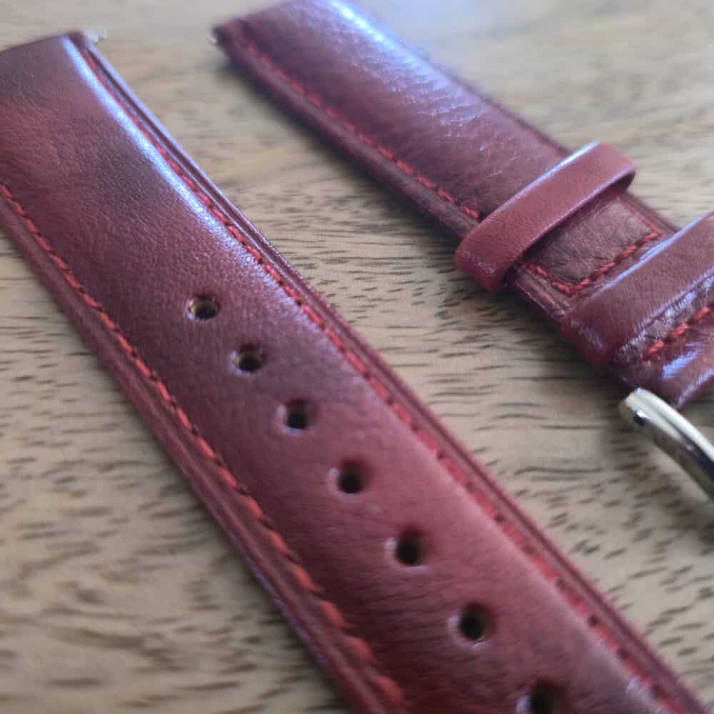 Coolum Vintage Red leather watch strap closeup of leather grain