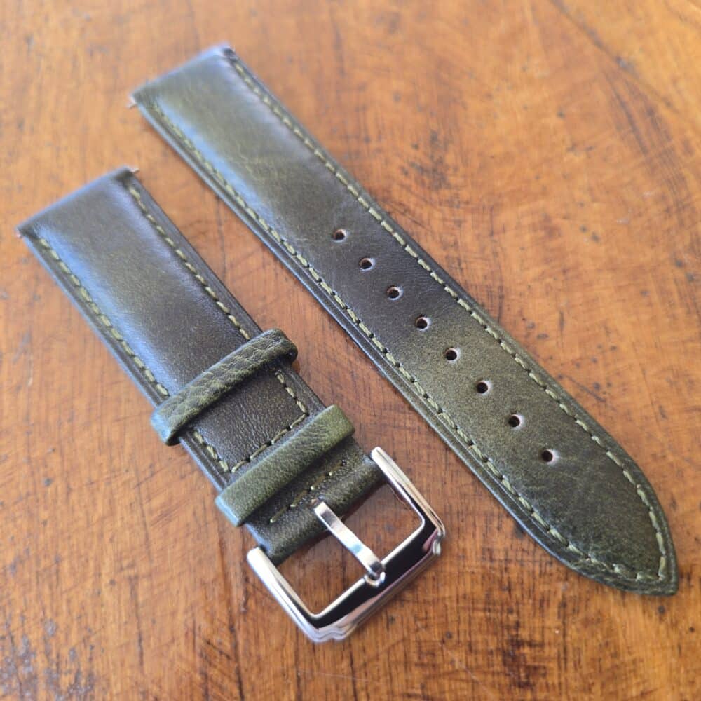 Cowhide leather watch strap with vintage green colour patina
